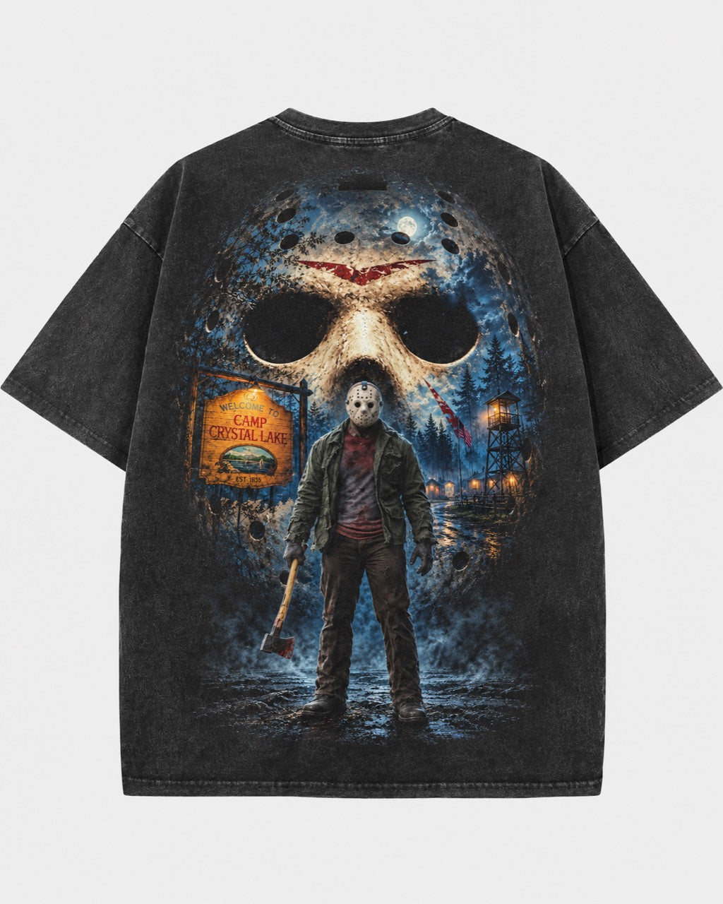 Back of a washed dark T-shirt featuring Jason, an oversized hockey mask, and a moonlit Camp Crystal Lake scene.